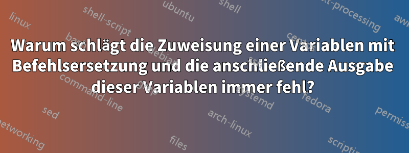 Warum schlägt die Zuweisung einer Variablen mit Befehlsersetzung und die anschließende Ausgabe dieser Variablen immer fehl?