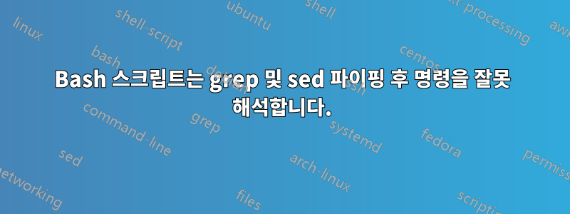 Bash 스크립트는 grep 및 sed 파이핑 후 명령을 잘못 해석합니다.