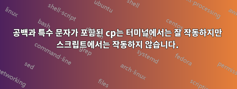 공백과 특수 문자가 포함된 cp는 터미널에서는 잘 작동하지만 스크립트에서는 작동하지 않습니다.