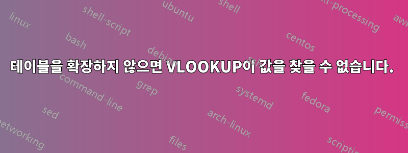 테이블을 확장하지 않으면 VLOOKUP이 값을 찾을 수 없습니다.