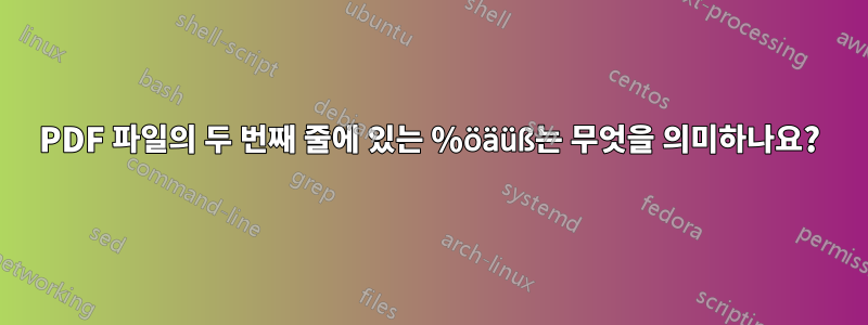 PDF 파일의 두 번째 줄에 있는 %öäüß는 무엇을 의미하나요?