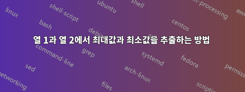 열 1과 열 2에서 최대값과 최소값을 추출하는 방법