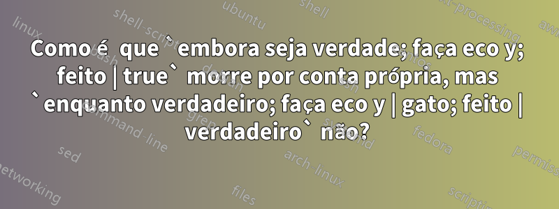 Como é que `embora seja verdade; faça eco y; feito | true` morre por conta própria, mas `enquanto verdadeiro; faça eco y | gato; feito | verdadeiro` não?