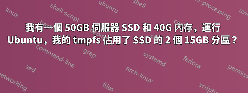 我有一個 50GB 伺服器 SSD 和 40G 內存，運行 Ubuntu，我的 tmpfs 佔用了 SSD 的 2 個 15GB 分區？ 