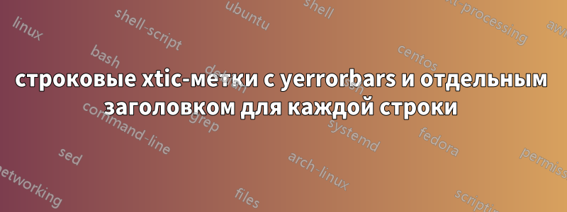 строковые xtic-метки с yerrorbars и отдельным заголовком для каждой строки