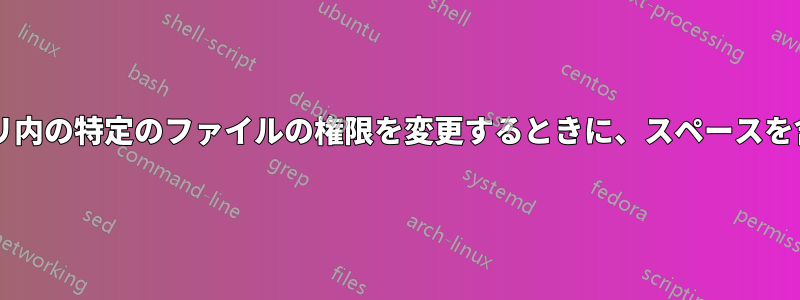 現在のディレクトリとそのすべてのサブディレクトリ内の特定のファイルの権限を変更するときに、スペースを含むファイル名をどのように処理すればよいですか?