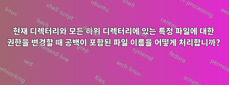 현재 디렉터리와 모든 하위 디렉터리에 있는 특정 파일에 대한 권한을 변경할 때 공백이 포함된 파일 이름을 어떻게 처리합니까?