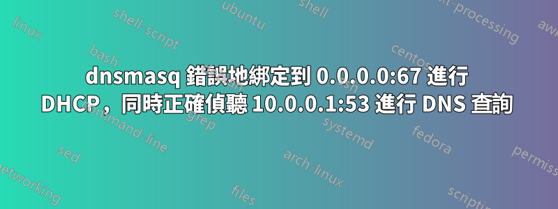 dnsmasq 錯誤地綁定到 0.0.0.0:67 進行 DHCP，同時正確偵聽 10.0.0.1:53 進行 DNS 查詢