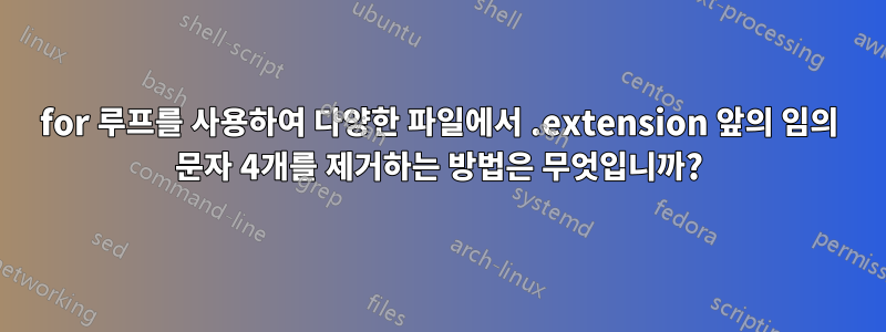 for 루프를 사용하여 다양한 파일에서 .extension 앞의 임의 문자 4개를 제거하는 방법은 무엇입니까?