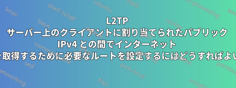 L2TP サーバー上のクライアントに割り当てられたパブリック IPv4 との間でインターネット トラフィックを取得するために必要なルートを設定するにはどうすればよいでしょうか。