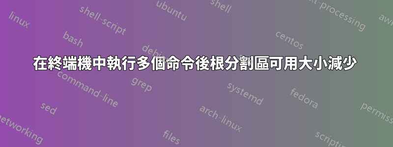 在終端機中執行多個命令後根分割區可用大小減少