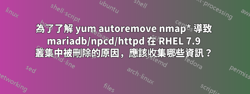 為了了解 yum autoremove nmap* 導致 mariadb/npcd/httpd 在 RHEL 7.9 叢集中被刪除的原因，應該收集哪些資訊？