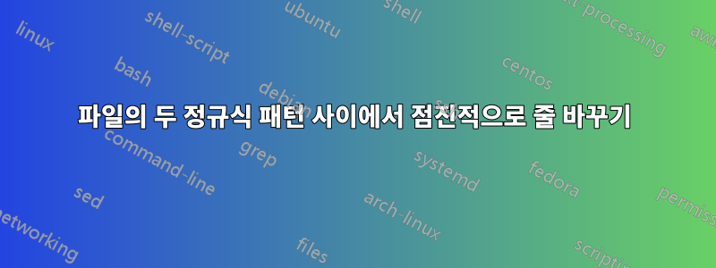 파일의 두 정규식 패턴 사이에서 점진적으로 줄 바꾸기