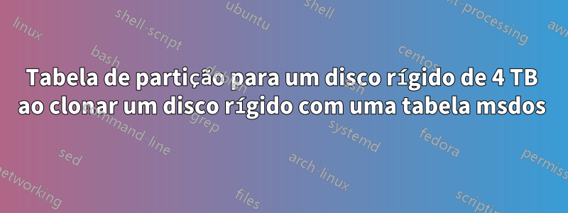 Tabela de partição para um disco rígido de 4 TB ao clonar um disco rígido com uma tabela msdos