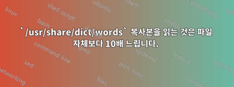 `/usr/share/dict/words` 복사본을 읽는 것은 파일 자체보다 10배 느립니다.
