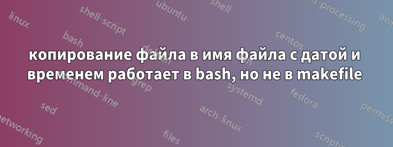 копирование файла в имя файла с датой и временем работает в bash, но не в makefile