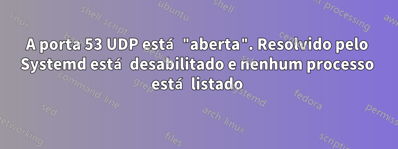 A porta 53 UDP está "aberta". Resolvido pelo Systemd está desabilitado e nenhum processo está listado