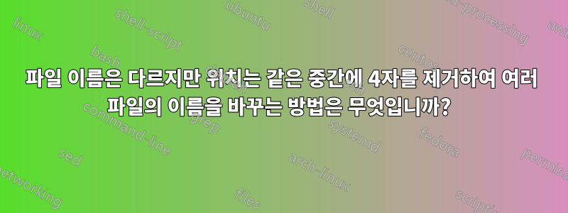 파일 이름은 다르지만 위치는 같은 중간에 4자를 제거하여 여러 파일의 이름을 바꾸는 방법은 무엇입니까? 