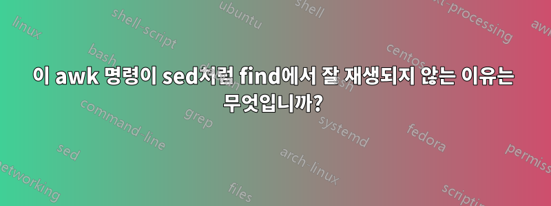 이 awk 명령이 sed처럼 find에서 잘 재생되지 않는 이유는 무엇입니까?