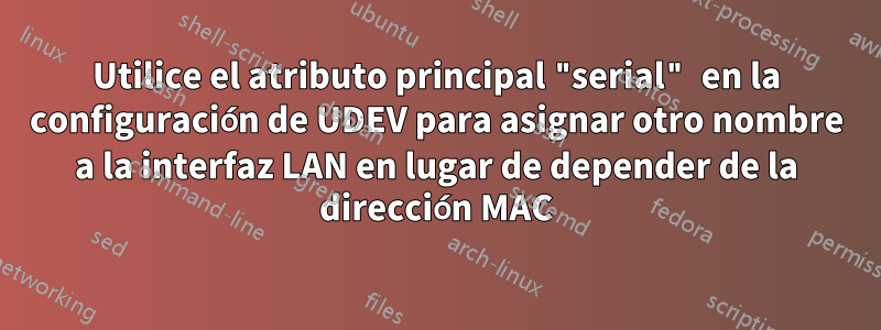 Utilice el atributo principal "serial" en la configuración de UDEV para asignar otro nombre a la interfaz LAN en lugar de depender de la dirección MAC
