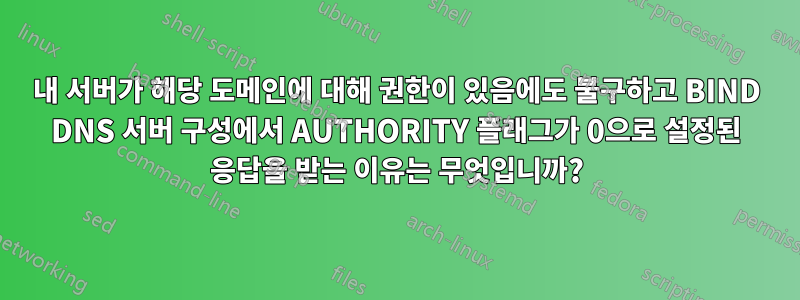 내 서버가 해당 도메인에 대해 권한이 있음에도 불구하고 BIND DNS 서버 구성에서 AUTHORITY 플래그가 0으로 설정된 응답을 받는 이유는 무엇입니까?