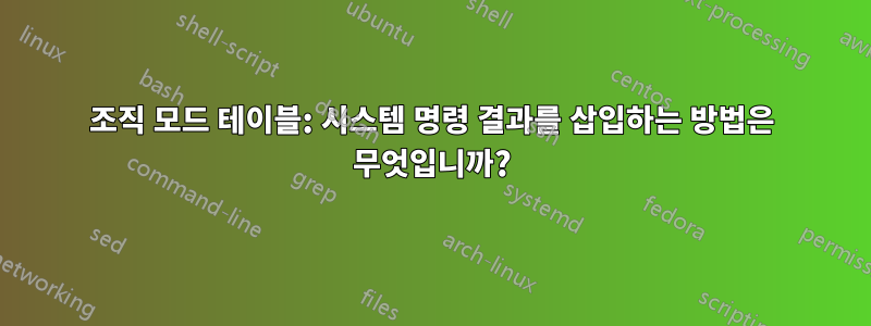 조직 모드 테이블: 시스템 명령 결과를 삽입하는 방법은 무엇입니까?