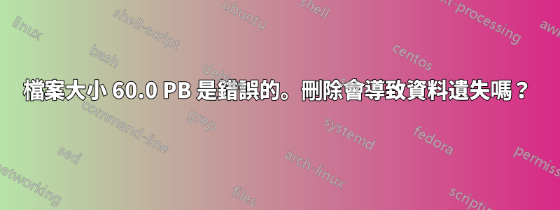 檔案大小 60.0 PB 是錯誤的。刪除會導致資料遺失嗎？