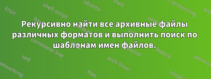 Рекурсивно найти все архивные файлы различных форматов и выполнить поиск по шаблонам имен файлов.