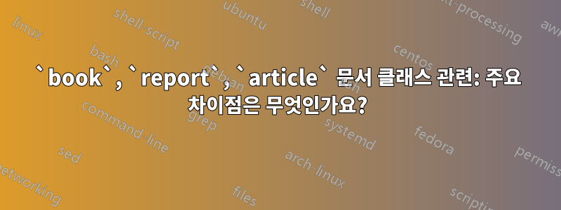 `book`, `report`, `article` 문서 클래스 관련: 주요 차이점은 무엇인가요?