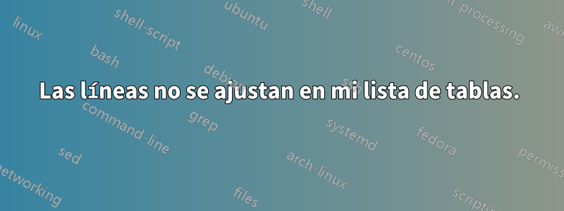 Las líneas no se ajustan en mi lista de tablas.