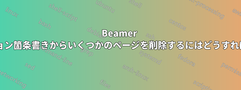 Beamer のナビゲーション箇条書きからいくつかのページを削除するにはどうすればよいですか?