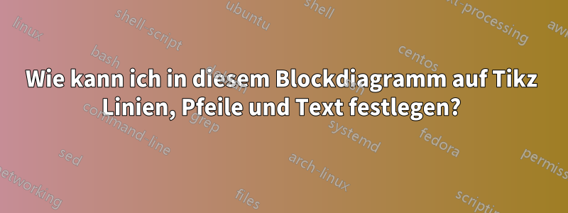 Wie kann ich in diesem Blockdiagramm auf Tikz Linien, Pfeile und Text festlegen?