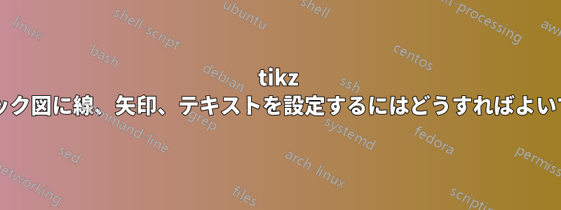 tikz のこのブロック図に線、矢印、テキストを設定するにはどうすればよいでしょうか?