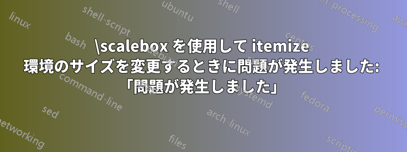\scalebox を使用して itemize 環境のサイズを変更するときに問題が発生しました: 「問題が発生しました」
