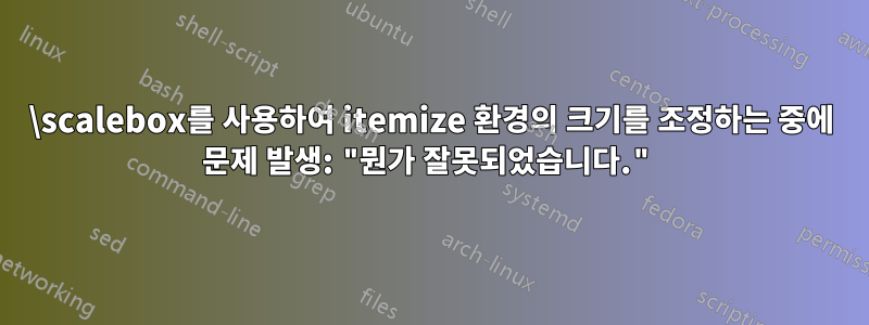 \scalebox를 사용하여 itemize 환경의 크기를 조정하는 중에 문제 발생: "뭔가 잘못되었습니다."