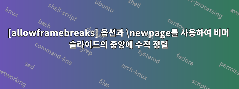 [allowframebreaks] 옵션과 \newpage를 사용하여 비머 슬라이드의 중앙에 수직 정렬