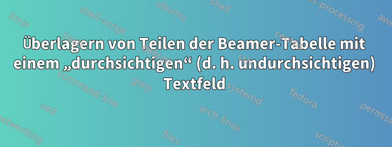 Überlagern von Teilen der Beamer-Tabelle mit einem „durchsichtigen“ (d. h. undurchsichtigen) Textfeld