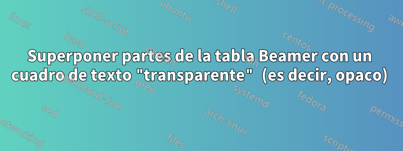 Superponer partes de la tabla Beamer con un cuadro de texto "transparente" (es decir, opaco)