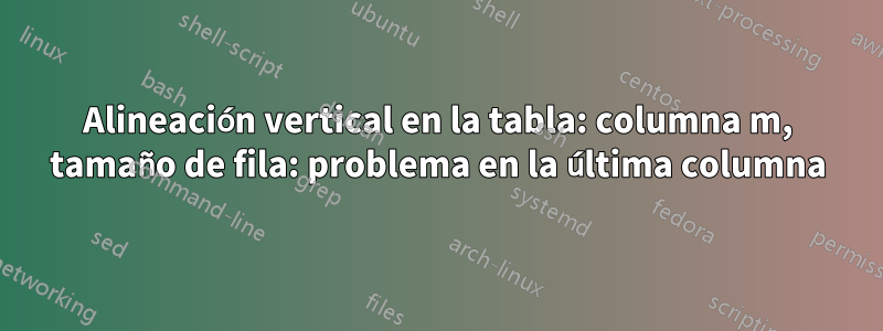 Alineación vertical en la tabla: columna m, tamaño de fila: problema en la última columna