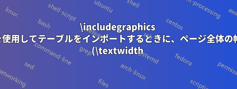 \includegraphics を使用してテーブルをインポートするときに、ページ全体の幅 (\textwidth) を使用するにはどうすればよいですか?