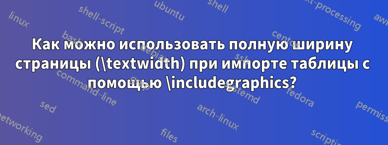 Как можно использовать полную ширину страницы (\textwidth) при импорте таблицы с помощью \includegraphics?