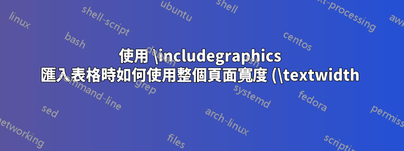 使用 \includegraphics 匯入表格時如何使用整個頁面寬度 (\textwidth)?