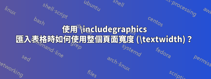 使用 \includegraphics 匯入表格時如何使用整個頁面寬度 (\textwidth)？