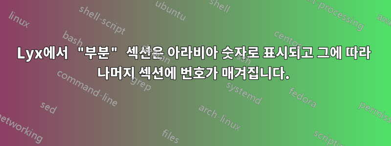 Lyx에서 "부분" 섹션은 아라비아 숫자로 표시되고 그에 따라 나머지 섹션에 번호가 매겨집니다.