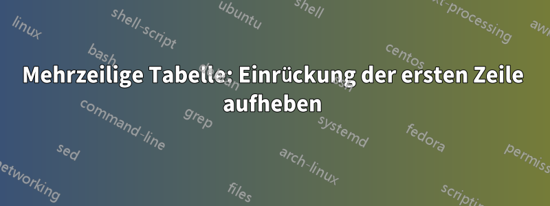 Mehrzeilige Tabelle: Einrückung der ersten Zeile aufheben