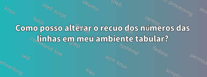 Como posso alterar o recuo dos números das linhas em meu ambiente tabular?