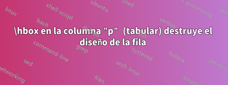 \hbox en la columna "p" (tabular) destruye el diseño de la fila