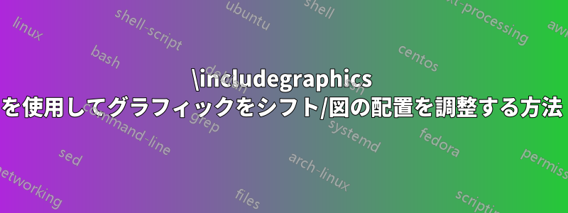 \includegraphics を使用してグラフィックをシフト/図の配置を調整する方法