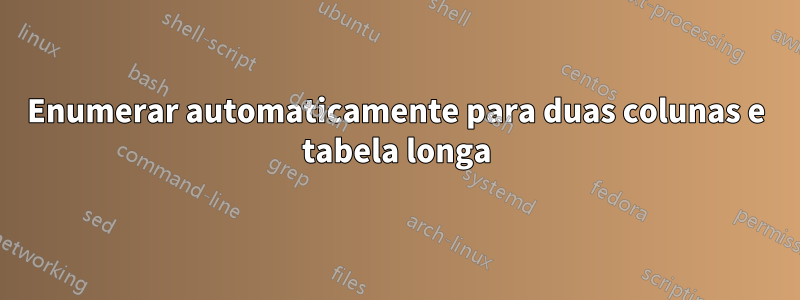 Enumerar automaticamente para duas colunas e tabela longa