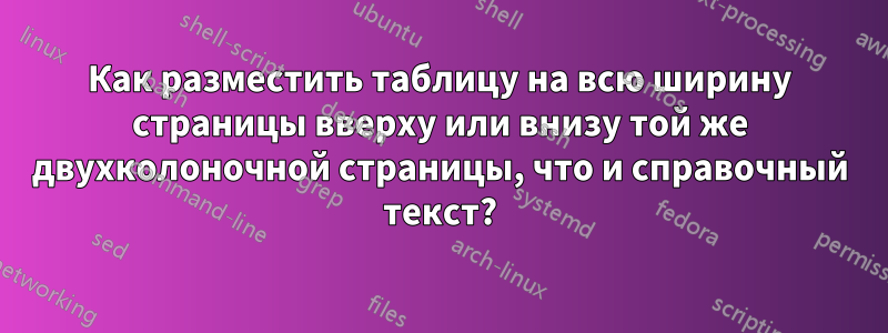 Как разместить таблицу на всю ширину страницы вверху или внизу той же двухколоночной страницы, что и справочный текст?